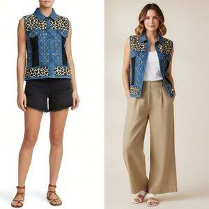 Vintage 90s Y2K Denim Beaded Leopard Corduroy Retro Jean Vest